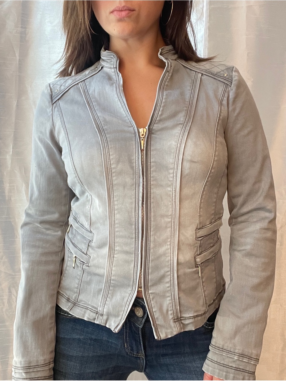White House Black Market Denim Moto Jacket XS Gray Biker Fitted Streetwear Y2K
